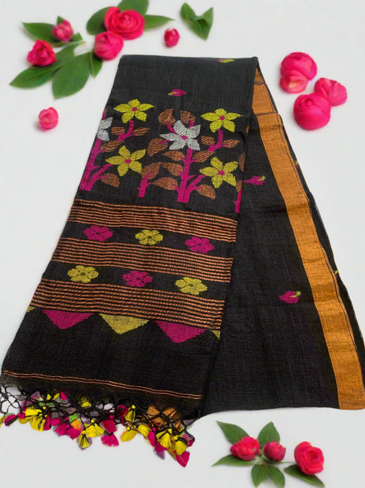 ZARI FLOWERS JAMDANI LINEN SAREE-BLACK