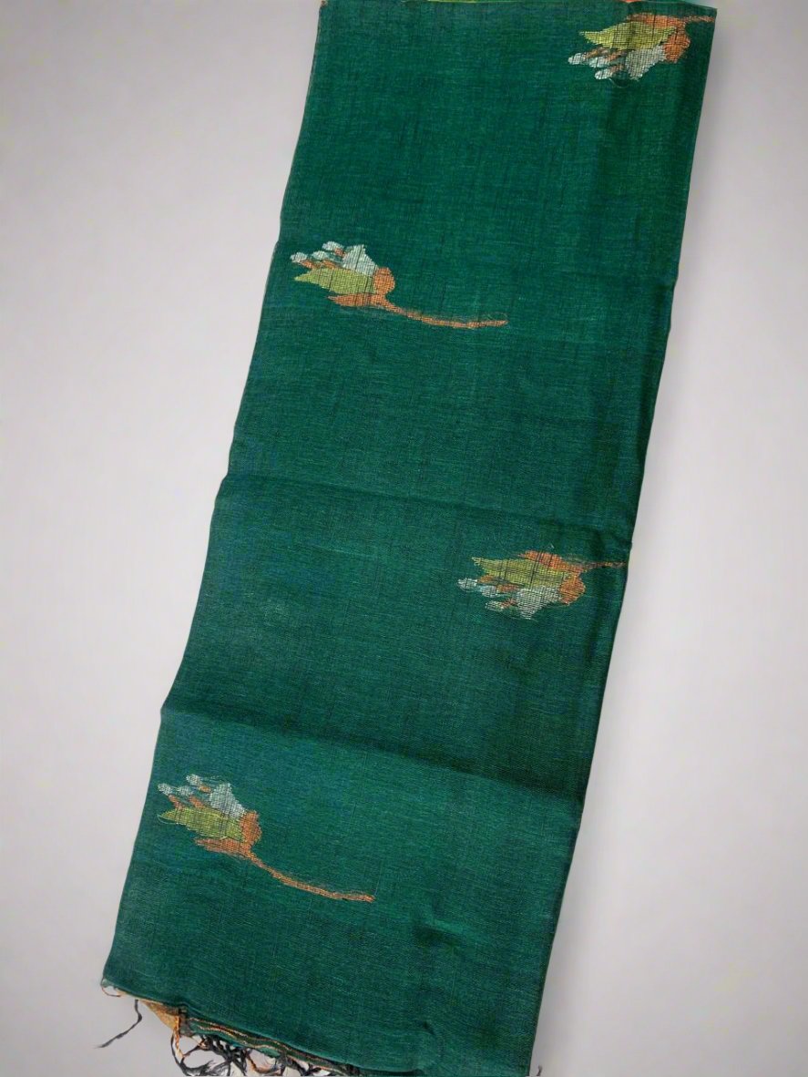 TULIP LINEN SAREE-BOTTLE GREEN