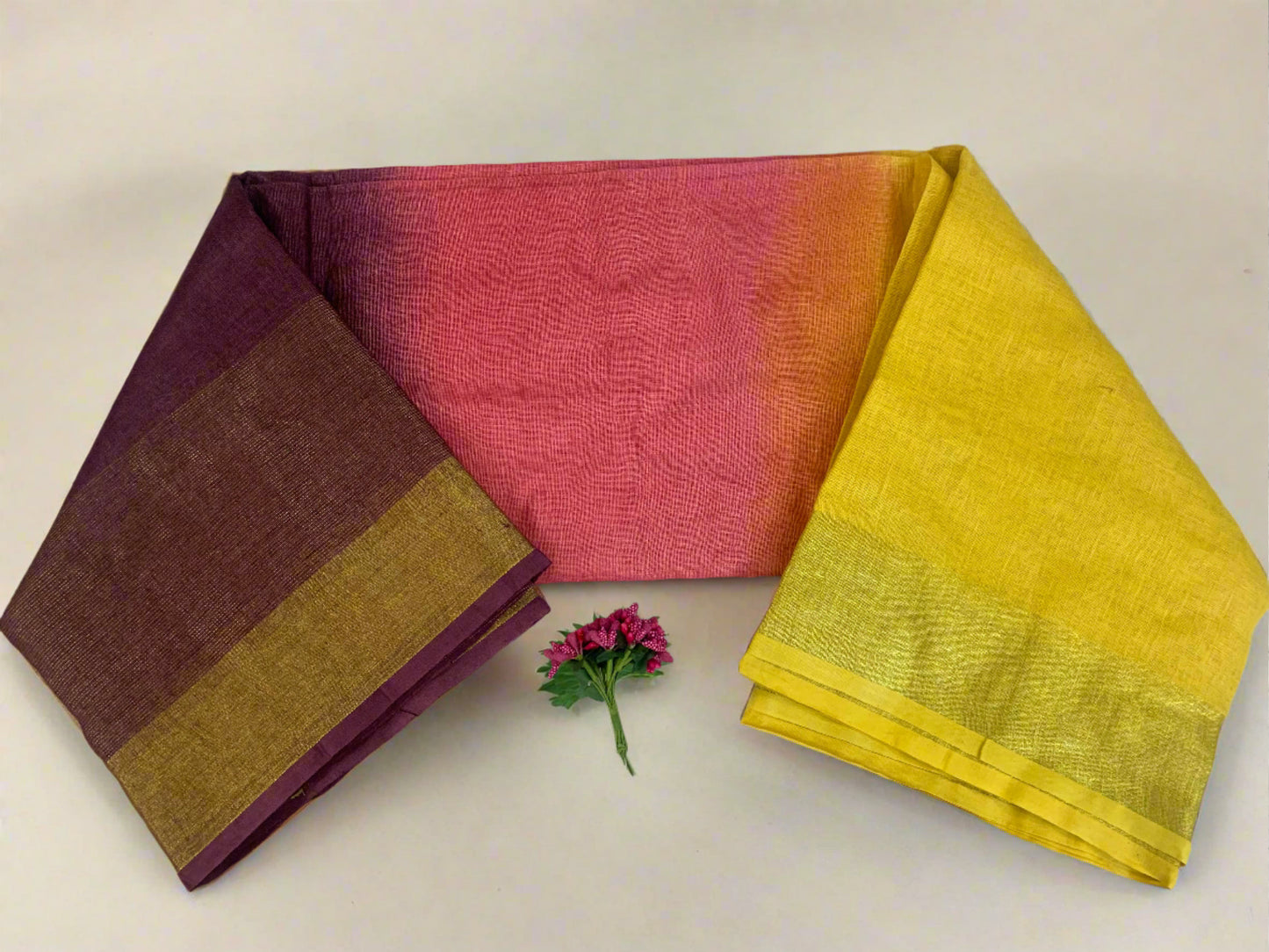 TRIVENI LINEN SAREE(PLUM-PINK-YELLOW)