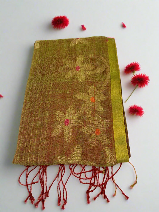 BLOSSOM GRID OLIVE LINEN SAREE