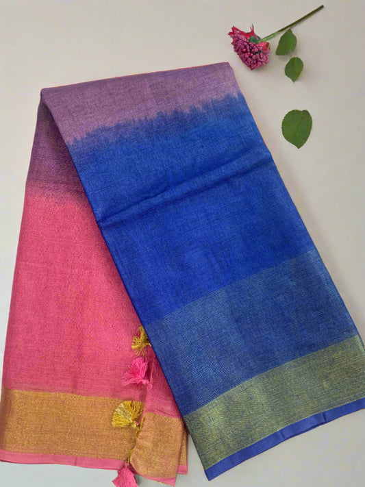 TRIVENI LINEN SAREE(BLUE-PURPLE-PINK)