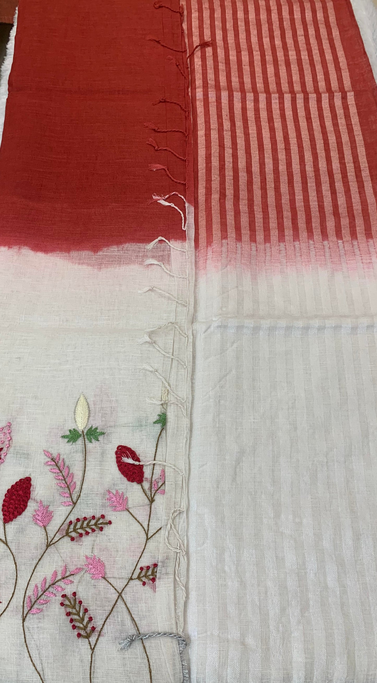 LEHER HAND EMBROIDERED WHITE AND RED LINEN SAREE