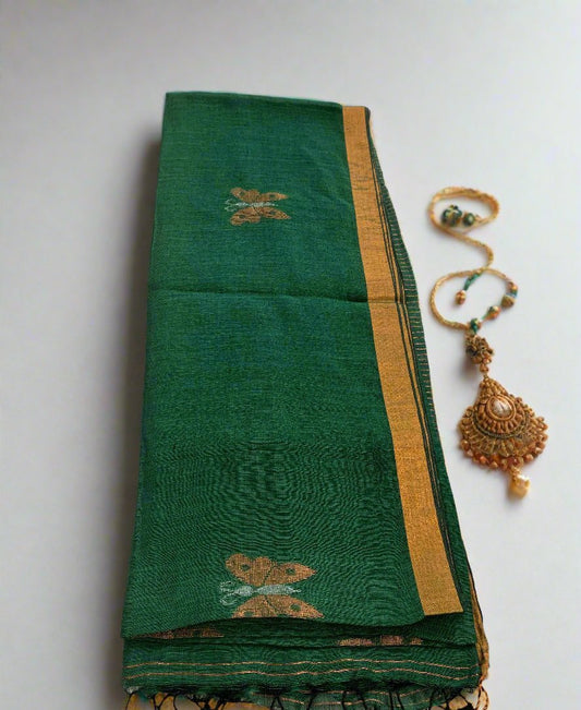 PANKHURI ZARI BOTTLE GREEN LINEN SAREE