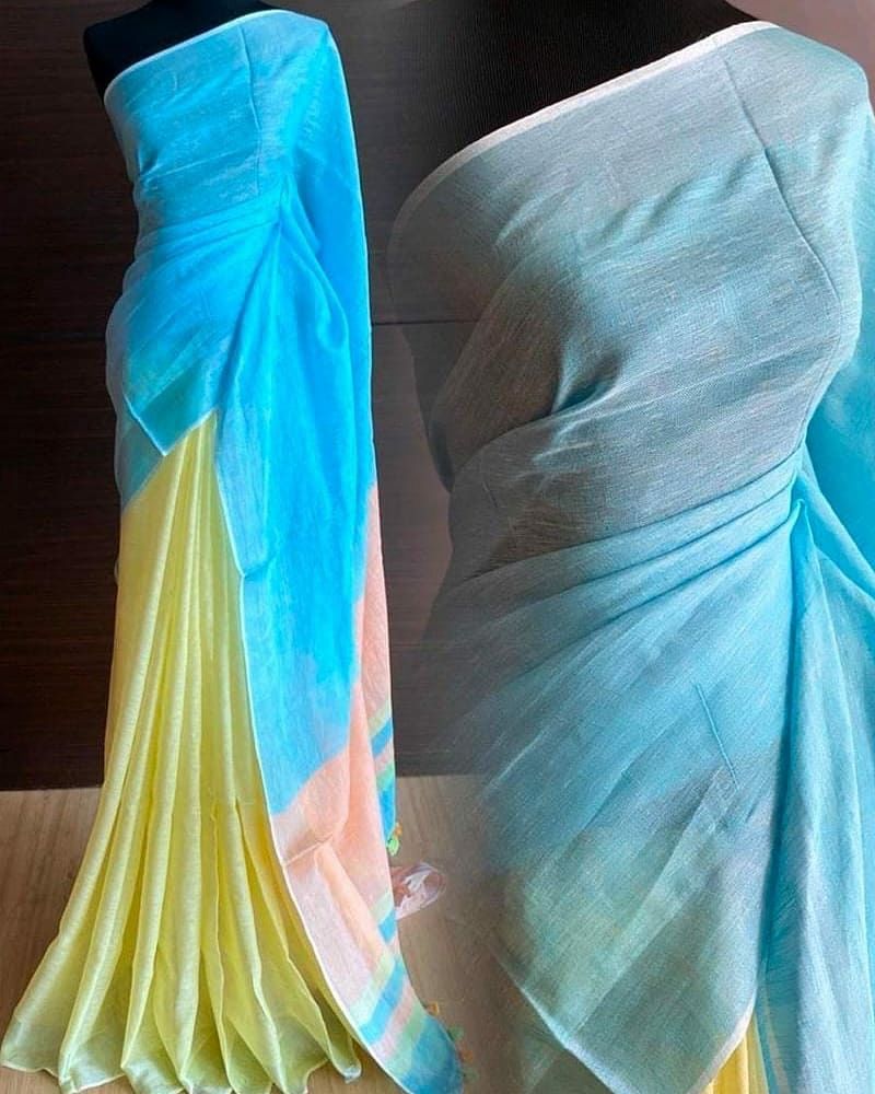 AMARA PURE LINEN SAREE- BLUE YELLOW