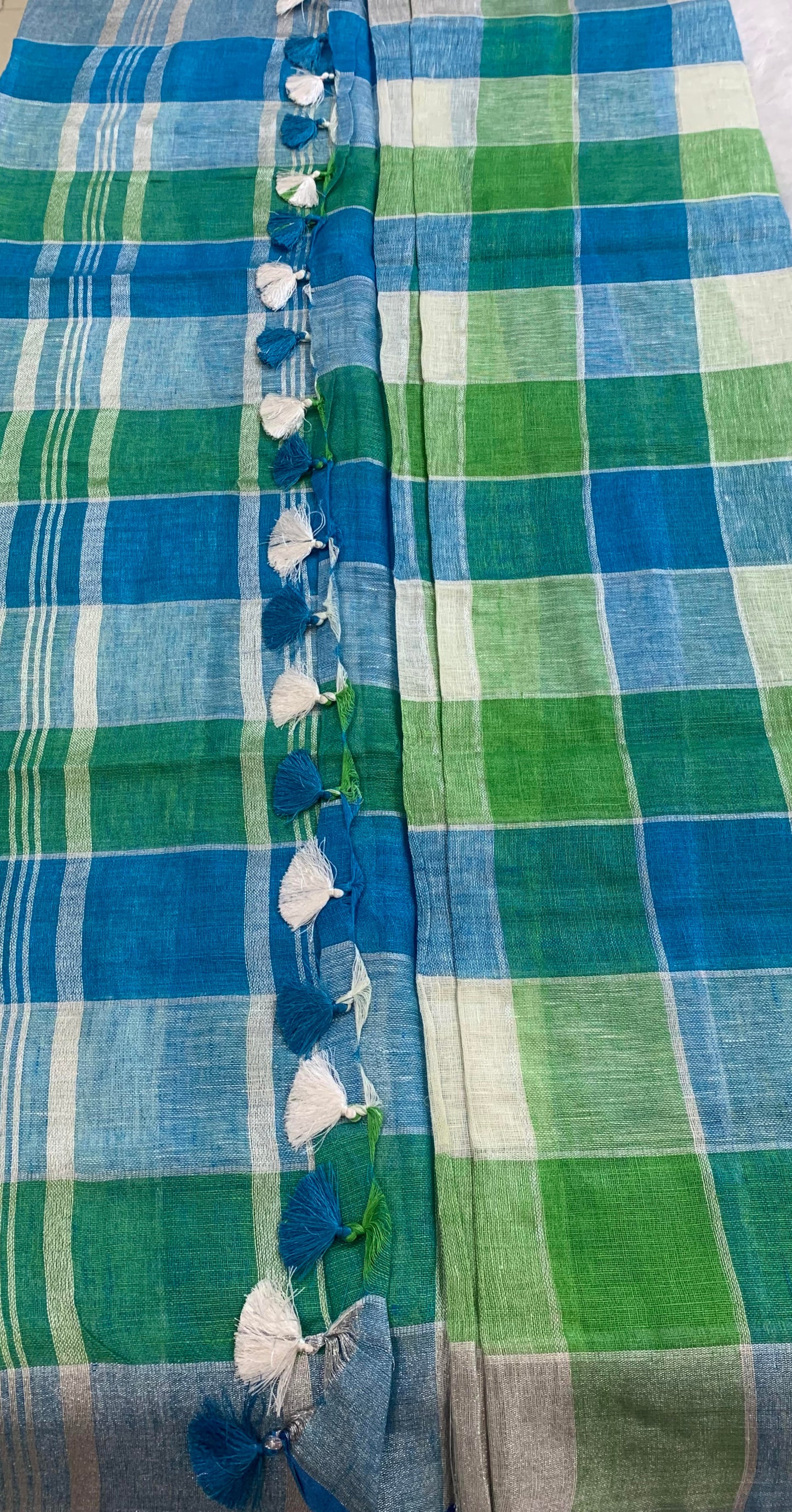 CHECKS BLUE AND GREEN LINEN SAREE