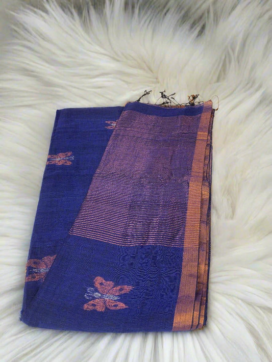 PANKHURI ZARI NAVY BLUE LINEN SAREE