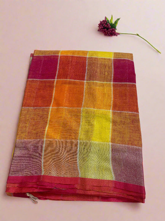 CHECKS YELLOW PINK LINEN SAREE