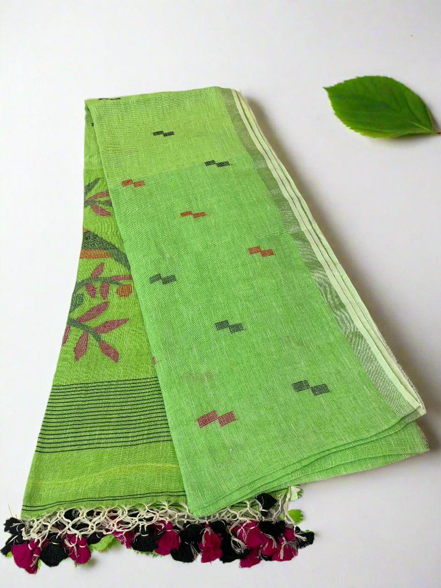 CHIRPING CHARISMA PARROT GREEN LINEN SAREE