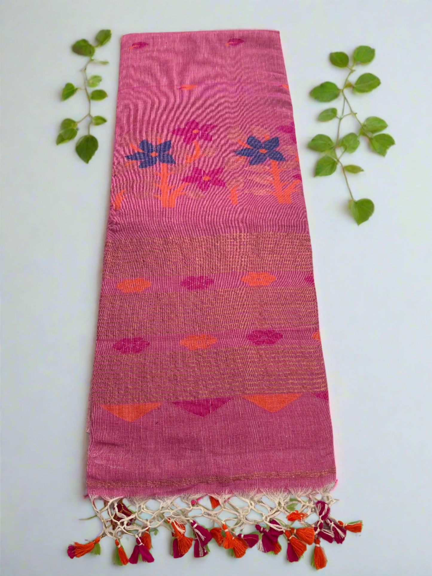 ROSE PINK ZARI FLOWERS JAMDANI LINEN SAREE