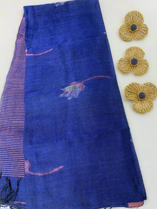 TULIP LINEN SAREE-NAVY BLUE