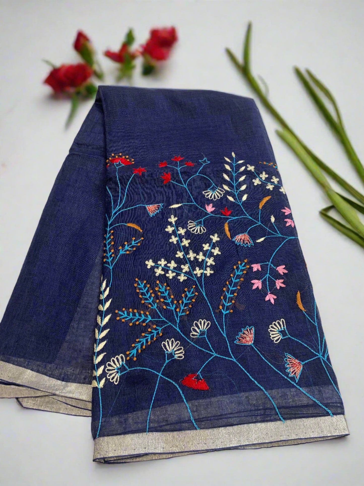 LEHER HAND EMBROIDERED DENIM BLUE LINEN SAREE