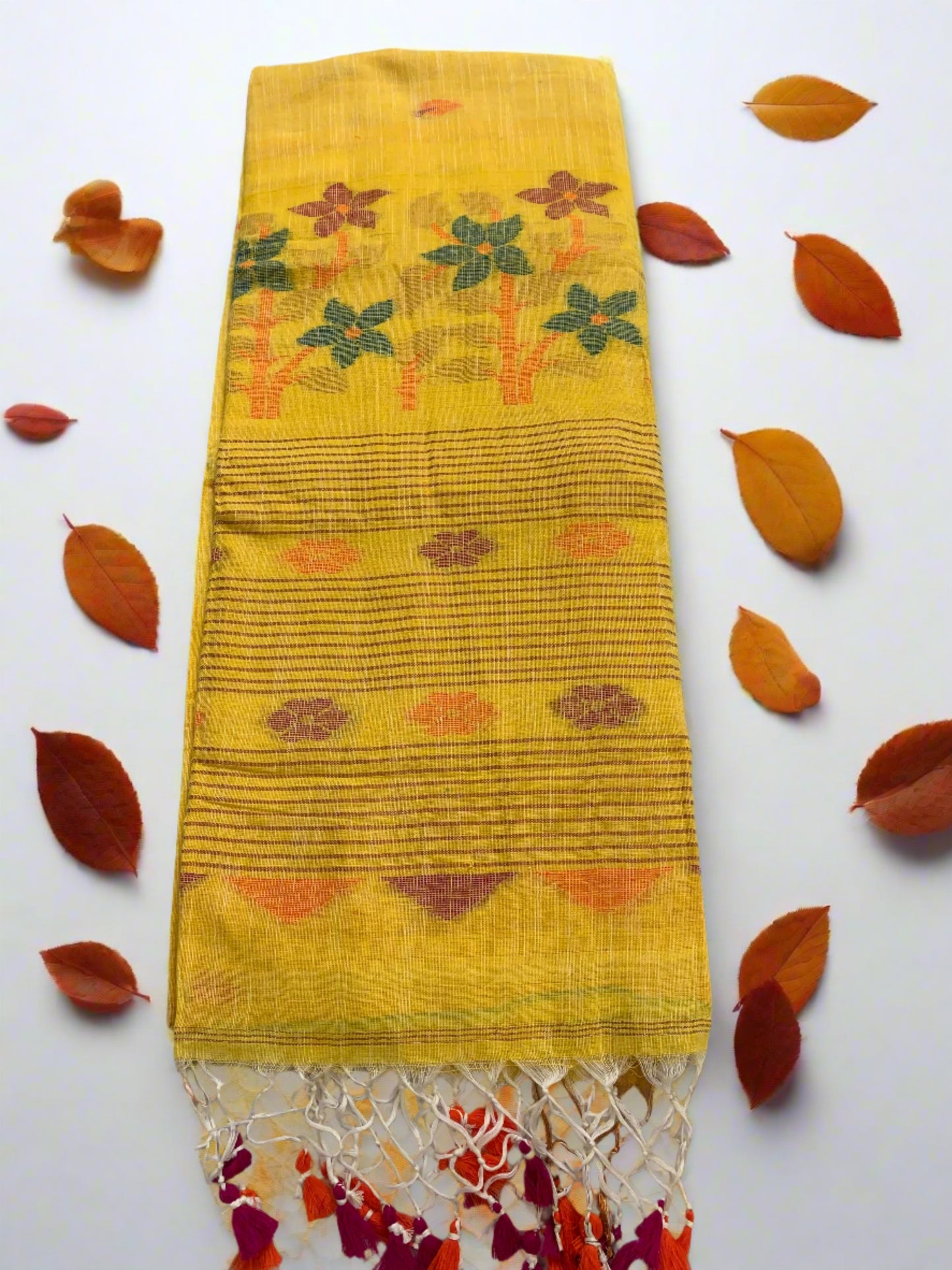 SUN-KISSED YELLOW ZARI FLOWERS JAMDANI LINEN SAREE