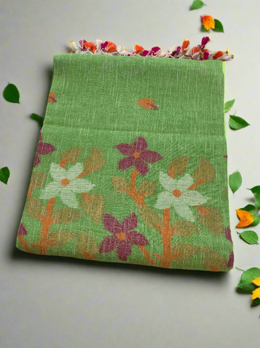 ZARI FLOWERS JAMDANI LINEN SAREE-PISTA GREEN