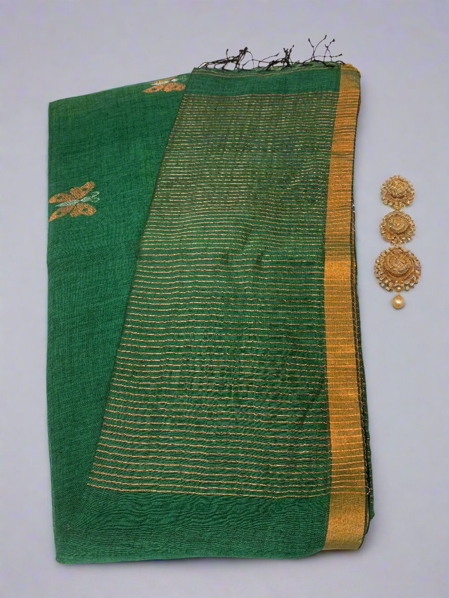 PANKHURI ZARI BOTTLE GREEN LINEN SAREE