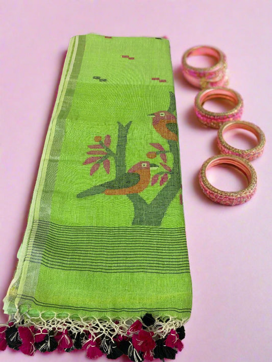 CHIRPING CHARISMA PARROT GREEN LINEN SAREE