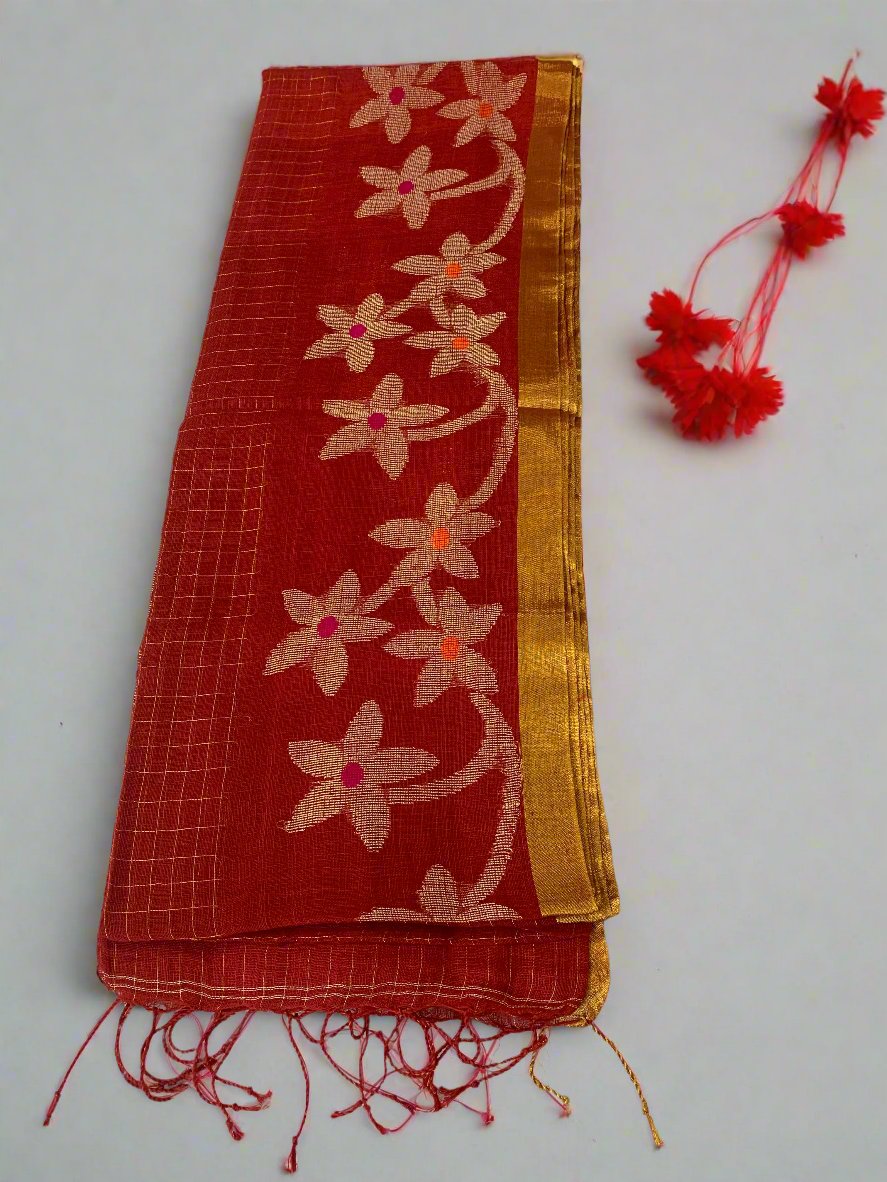 BLOSSOM GRID RED LINEN SAREE