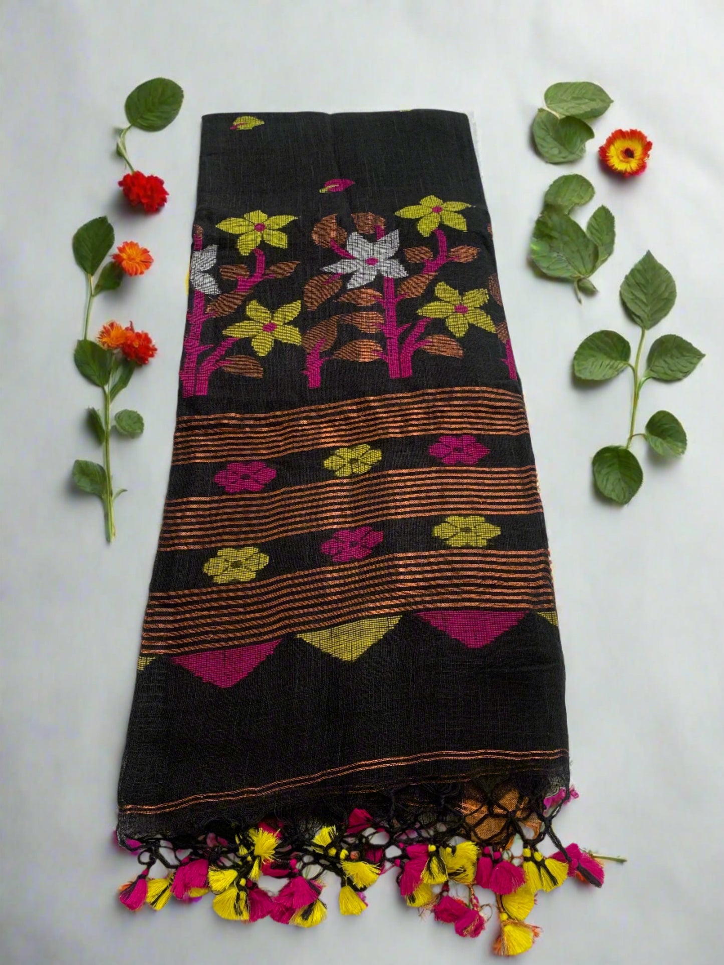 ZARI FLOWERS JAMDANI LINEN SAREE-BLACK