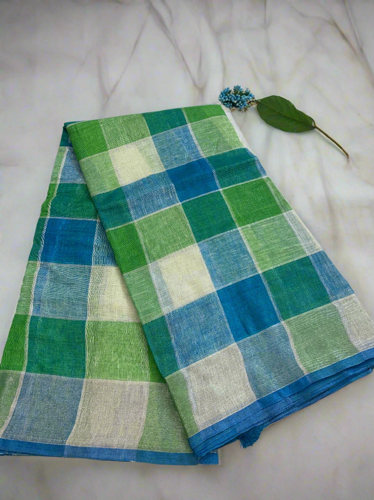 CHECKS BLUE AND GREEN LINEN SAREE