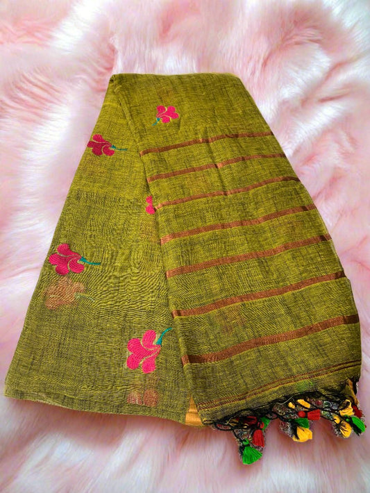 RAGINI OLIVE PURE LINEN SAREE