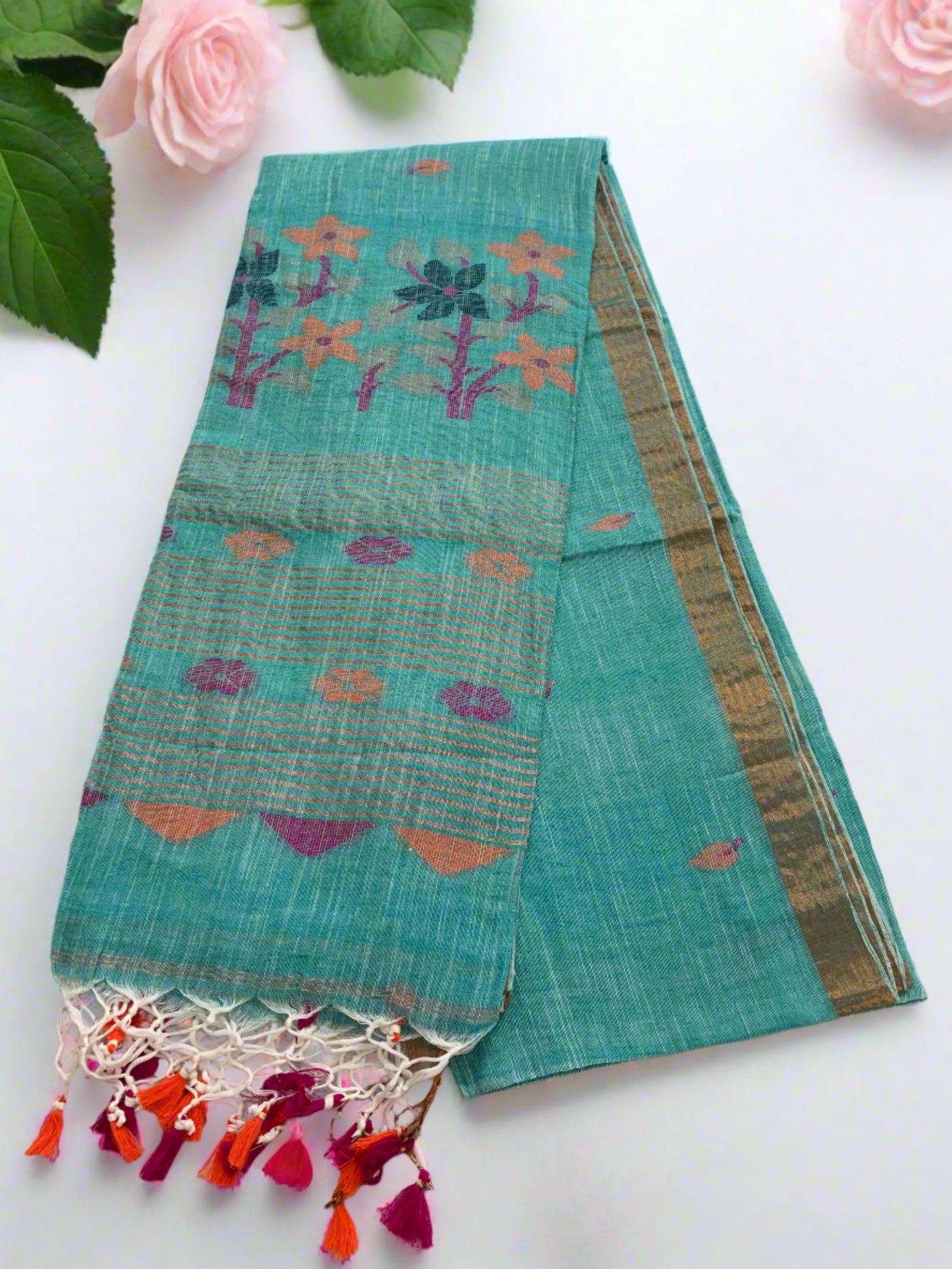 RAMA GREEN ZARI FLOWERS JAMDANI LINEN SAREE