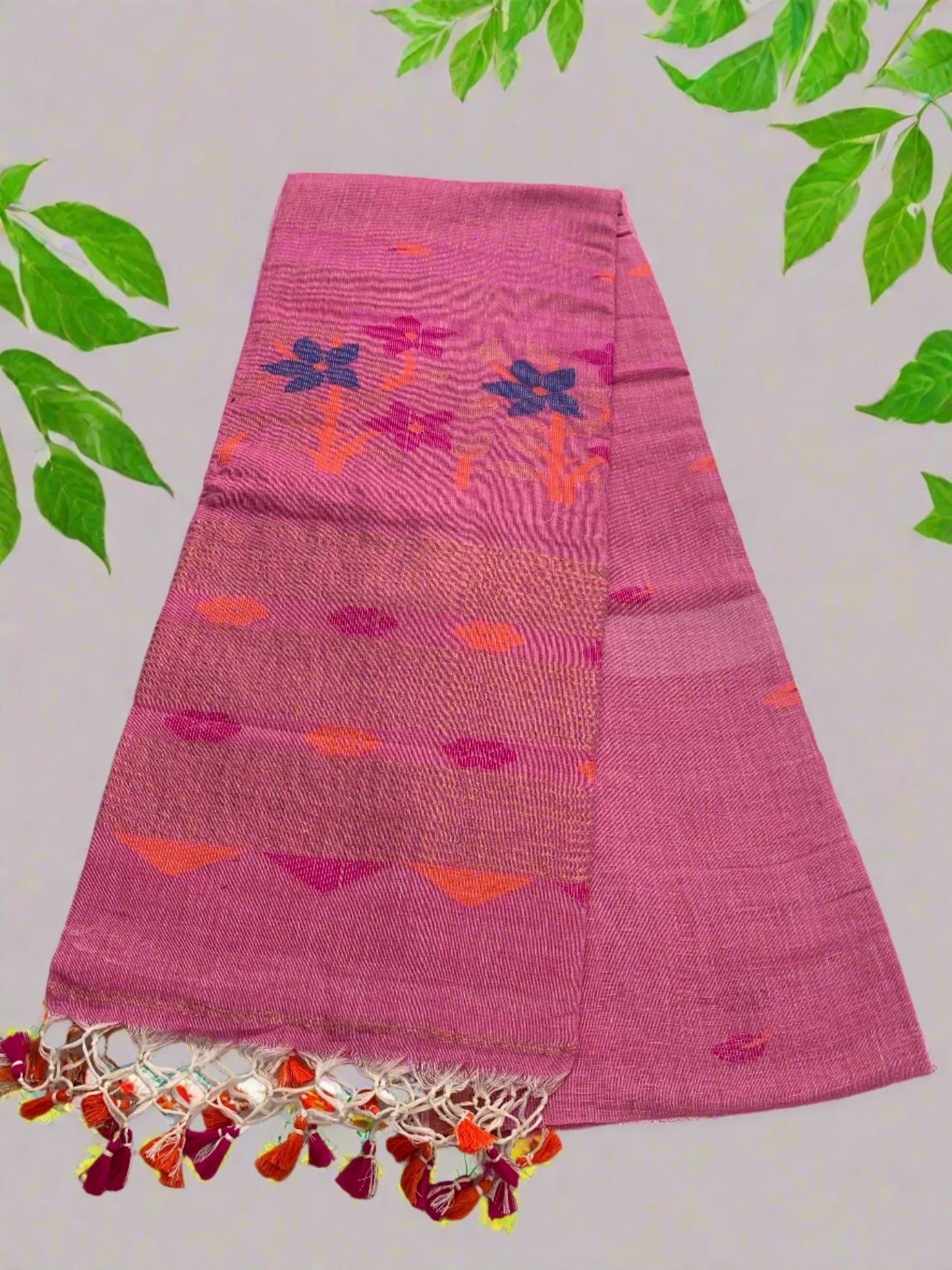 ROSE PINK ZARI FLOWERS JAMDANI LINEN SAREE