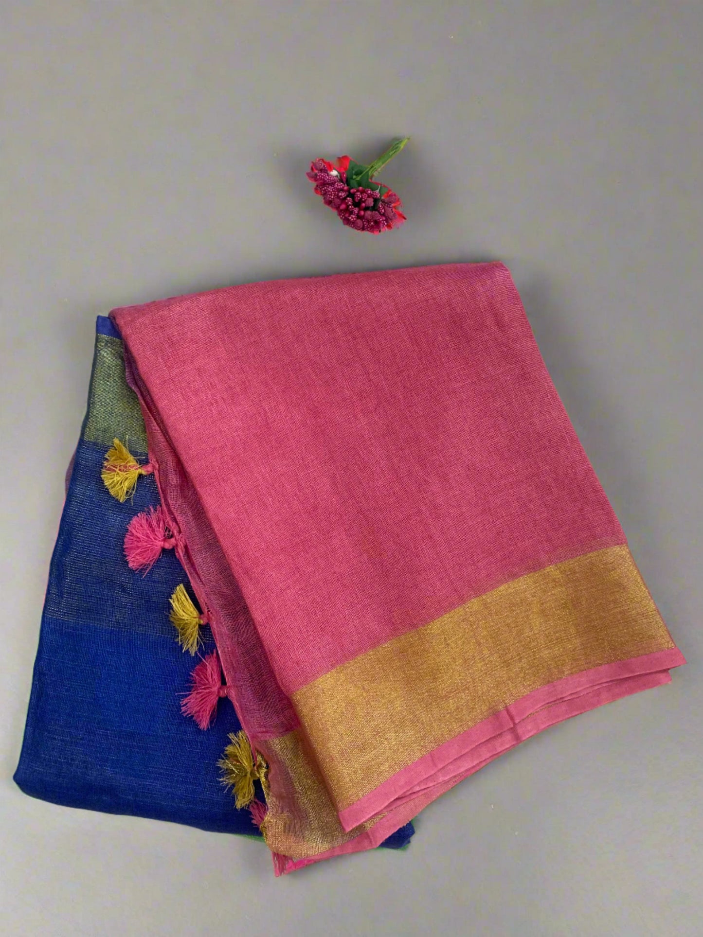 TRIVENI LINEN SAREE(BLUE-PURPLE-PINK)