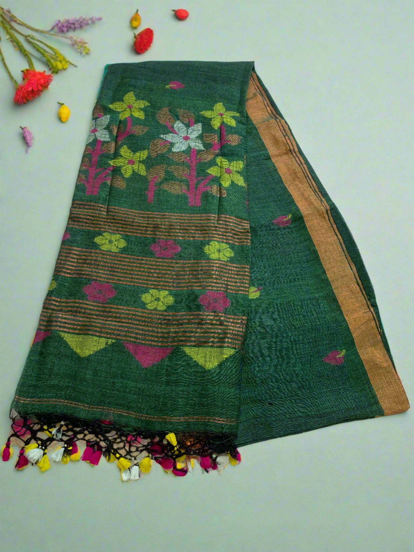 ZARI FLOWERS JAMDANI LINEN SAREE-BOTTLE GREEN