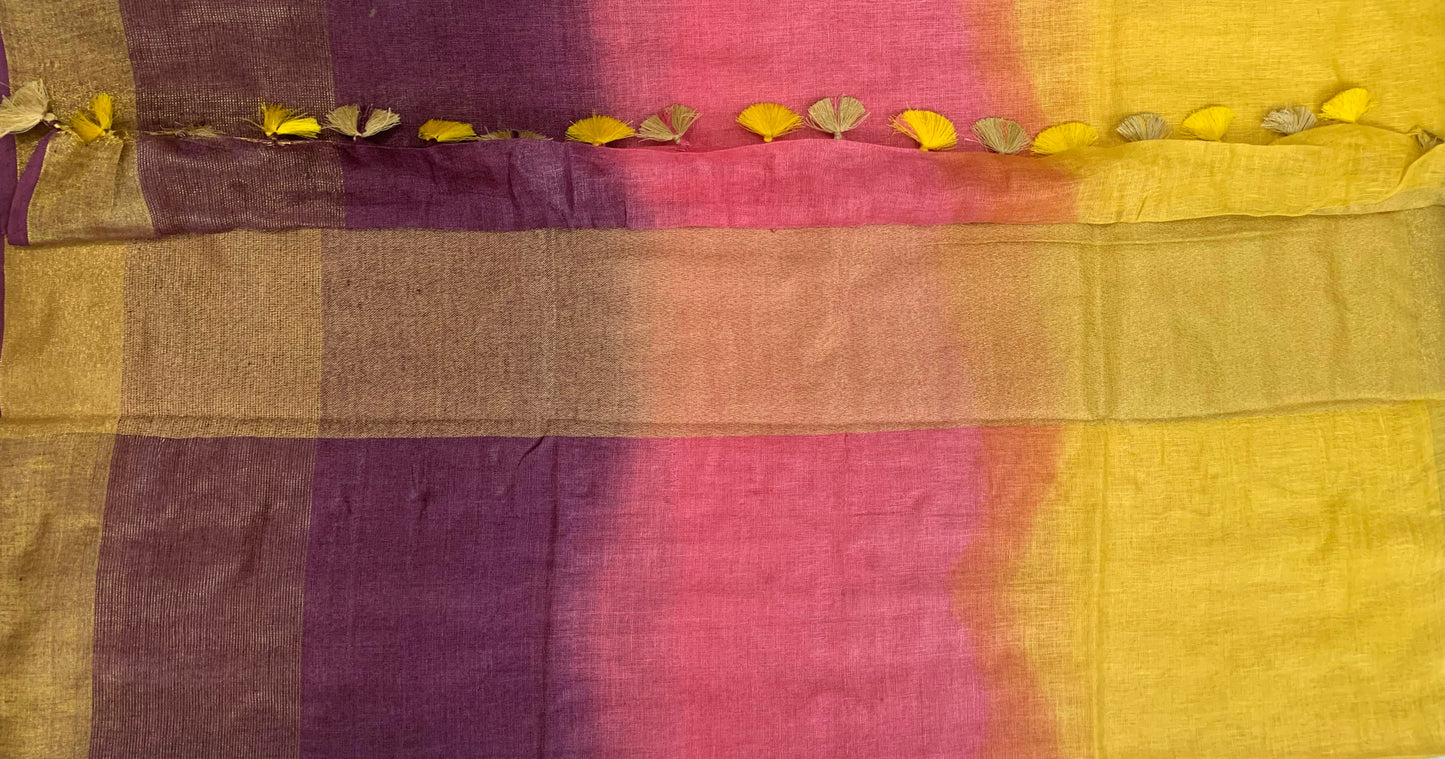 TRIVENI LINEN SAREE(PLUM-PINK-YELLOW)