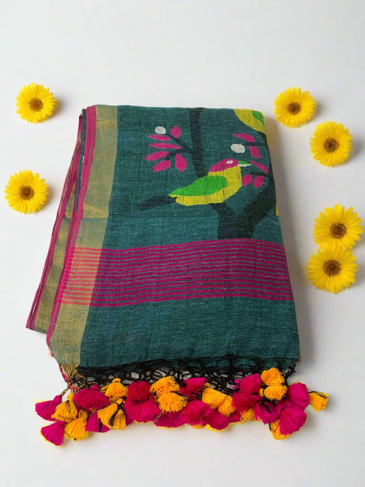 CHIRPING CHARISMA DEEP TEAL LINEN SAREE