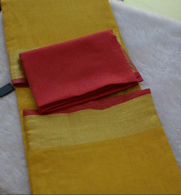 AMARA PURE LINEN SAREE-YELLOW WITH RED BLOUSE