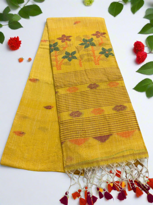 SUN-KISSED YELLOW ZARI FLOWERS JAMDANI LINEN SAREE