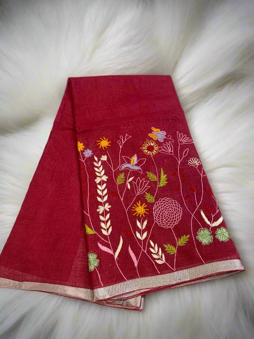 LEHER HAND EMBROIDERED RANI PINK LINEN SAREE