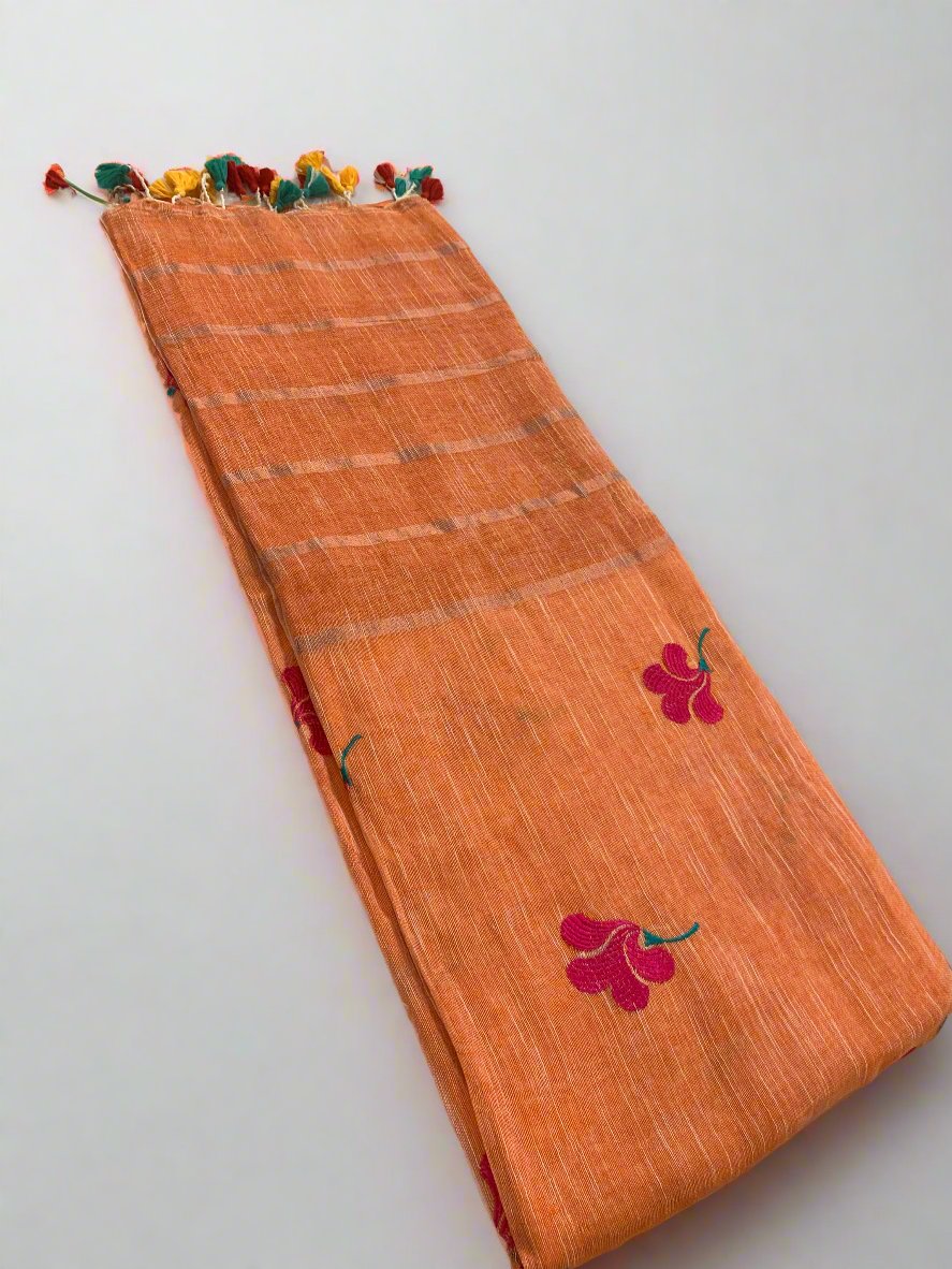 RAGINI ORANGE PURE LINEN SAREE