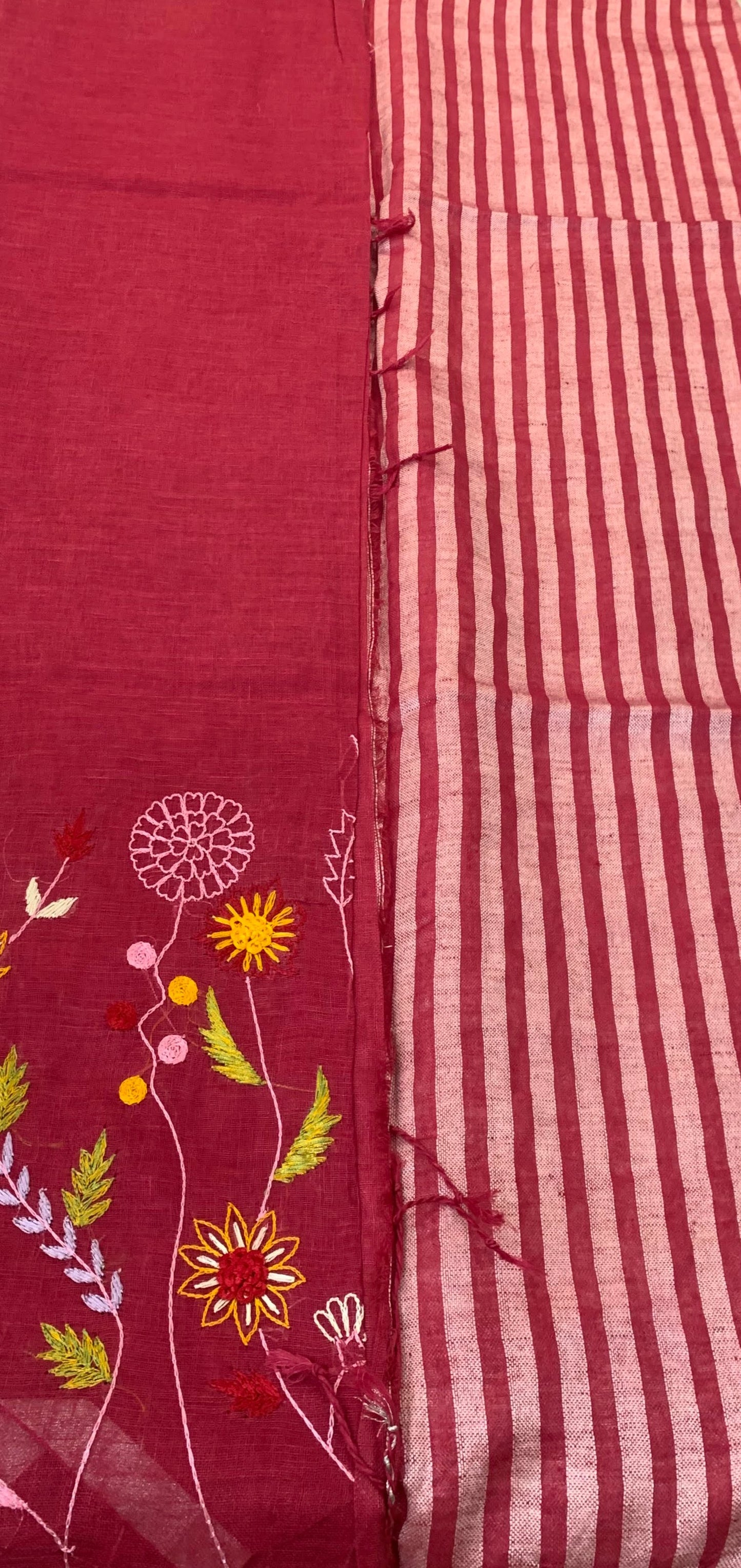 LEHER HAND EMBROIDERED RANI PINK LINEN SAREE