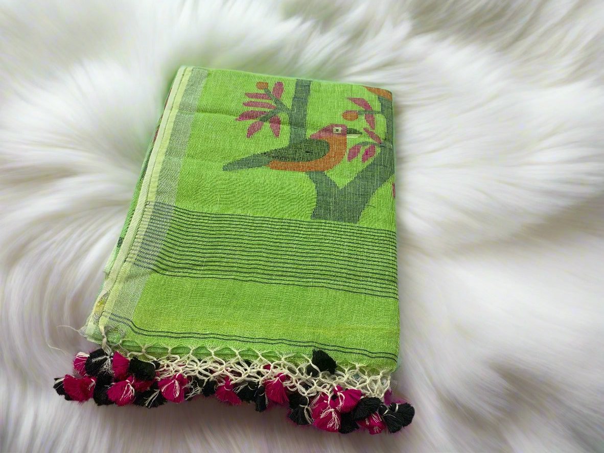 CHIRPING CHARISMA PARROT GREEN LINEN SAREE