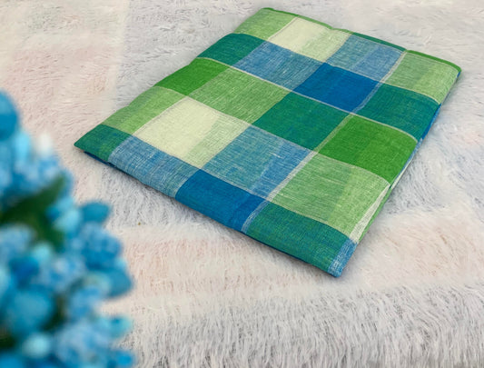 CHECKS BLUE AND GREEN LINEN SAREE