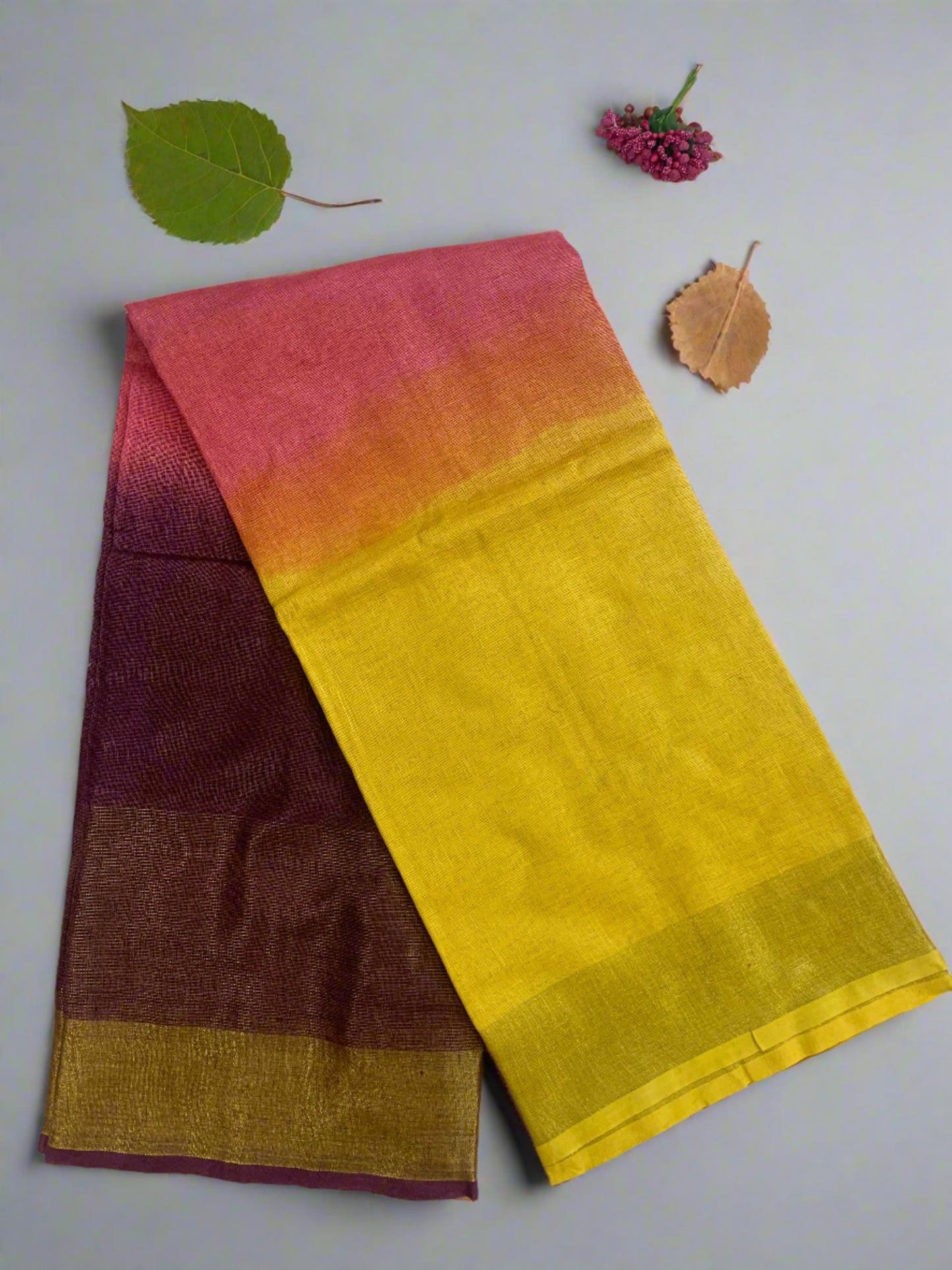 TRIVENI LINEN SAREE(PLUM-PINK-YELLOW)