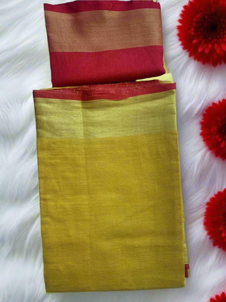 AMARA PURE LINEN SAREE-YELLOW WITH RED BLOUSE