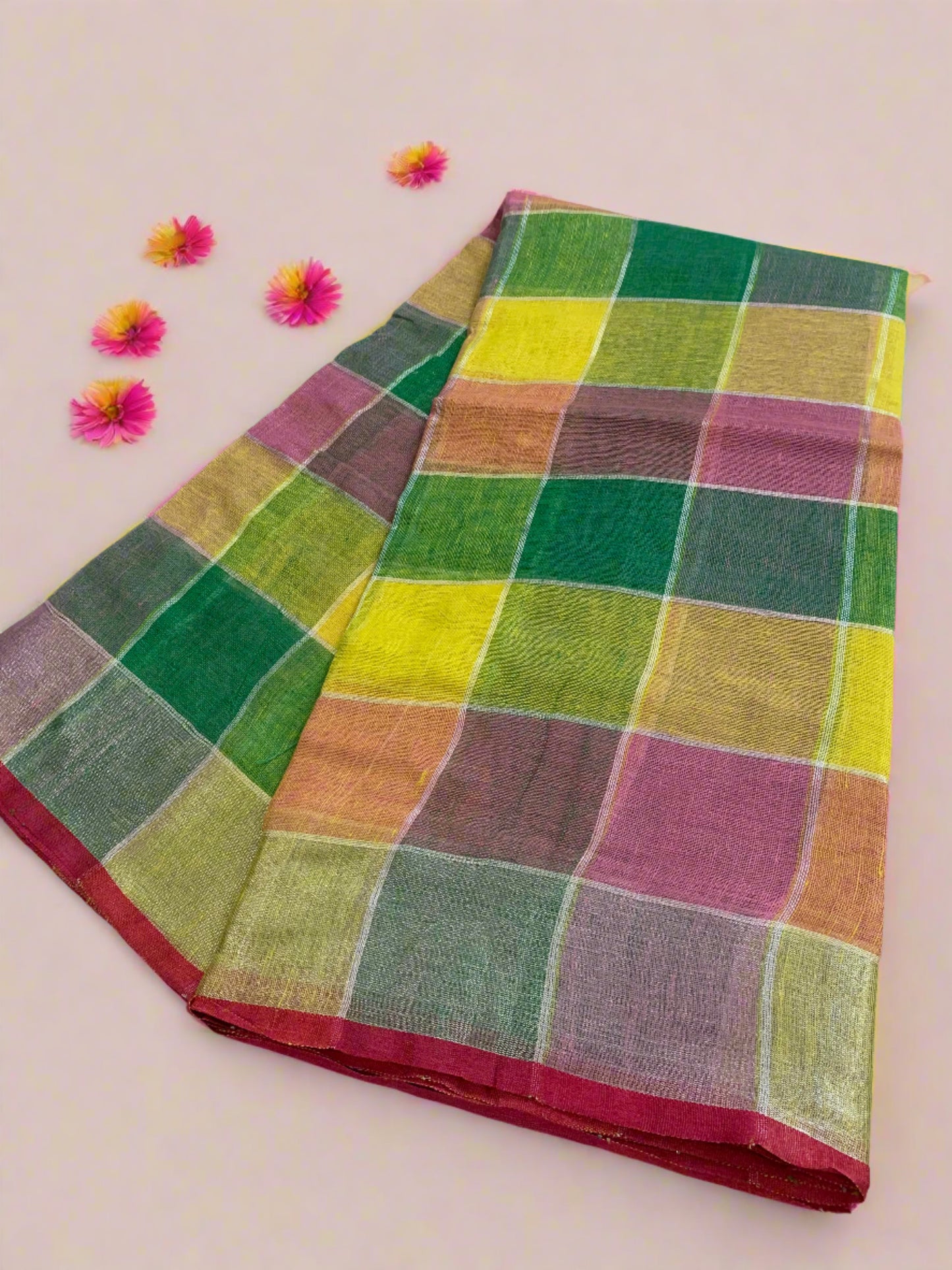 CHECKS MULTI-COLOUR LINEN SAREE