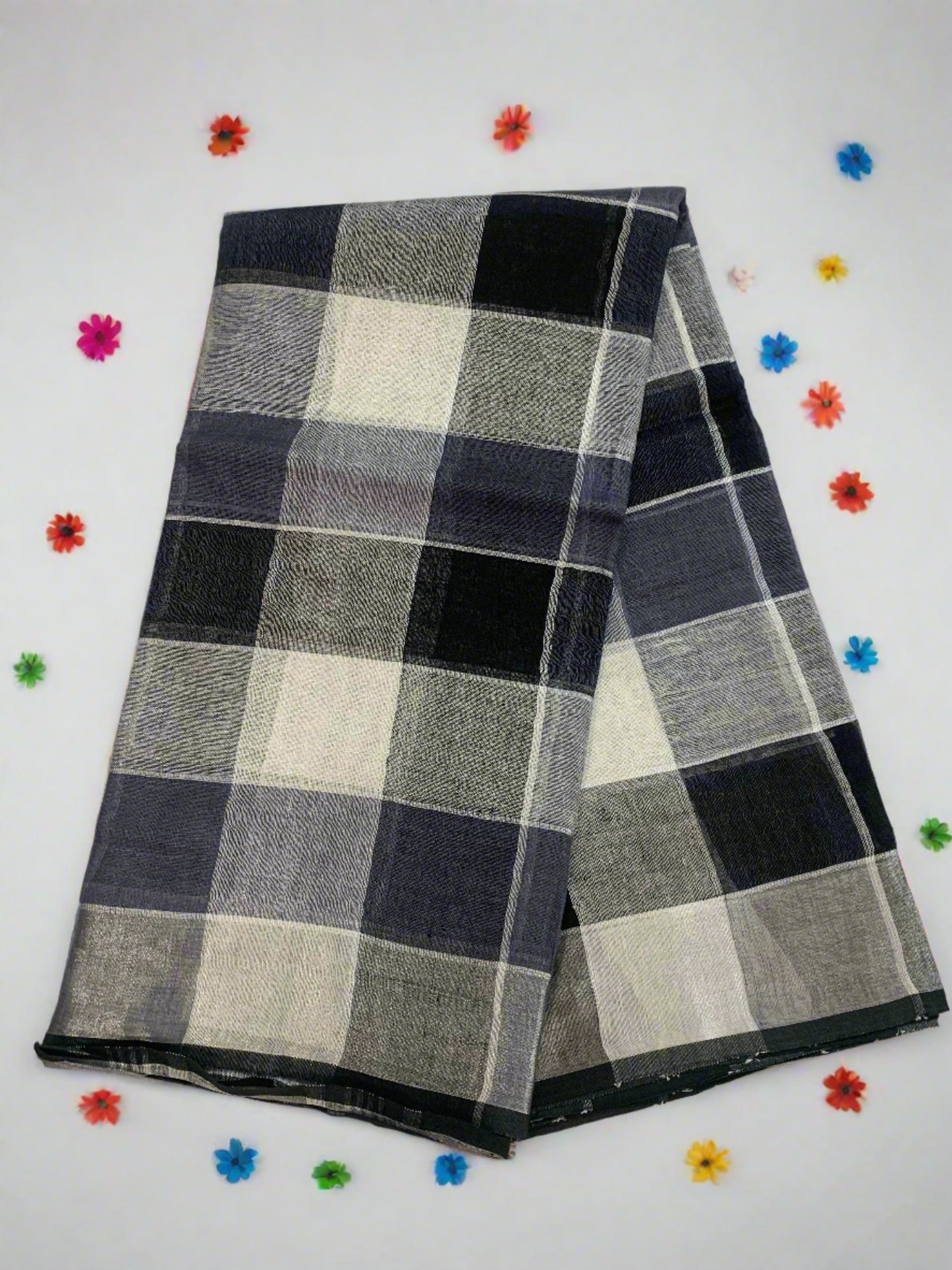 CHECKS BLACK AND GRAY LINEN SAREE