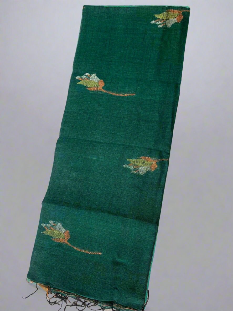 TULIP LINEN SAREE-BOTTLE GREEN