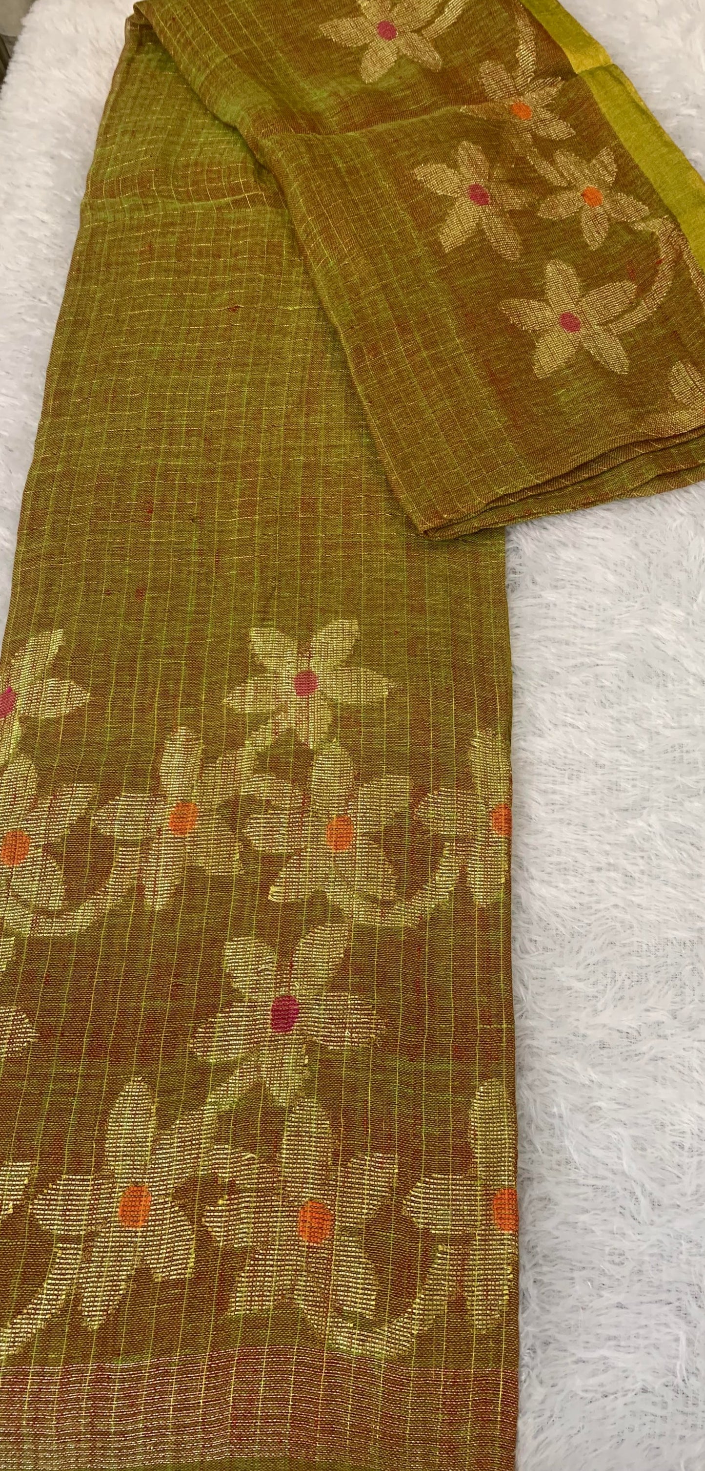 BLOSSOM GRID OLIVE LINEN SAREE