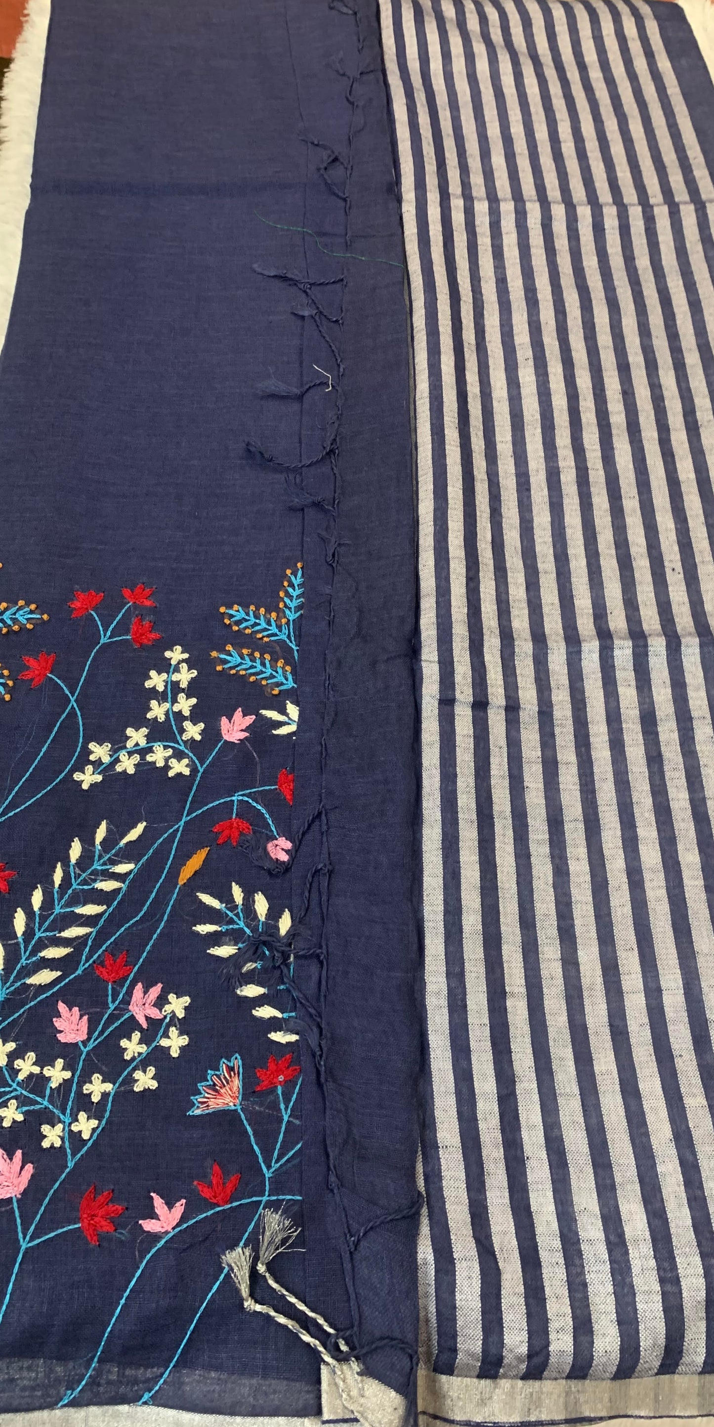 LEHER HAND EMBROIDERED DENIM BLUE LINEN SAREE