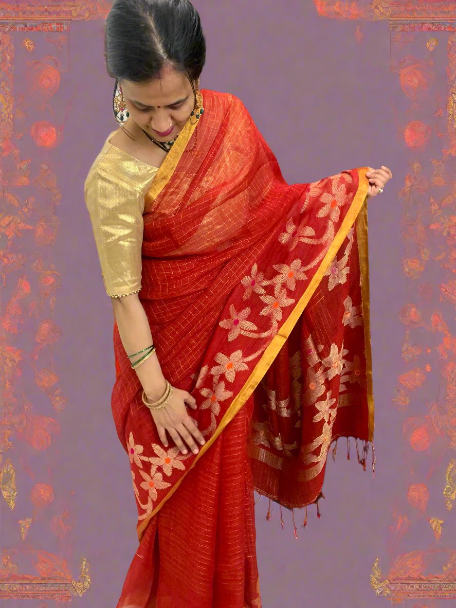 BLOSSOM GRID RED LINEN SAREE