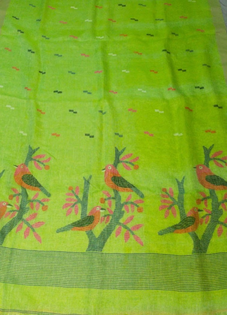 CHIRPING CHARISMA PARROT GREEN LINEN SAREE