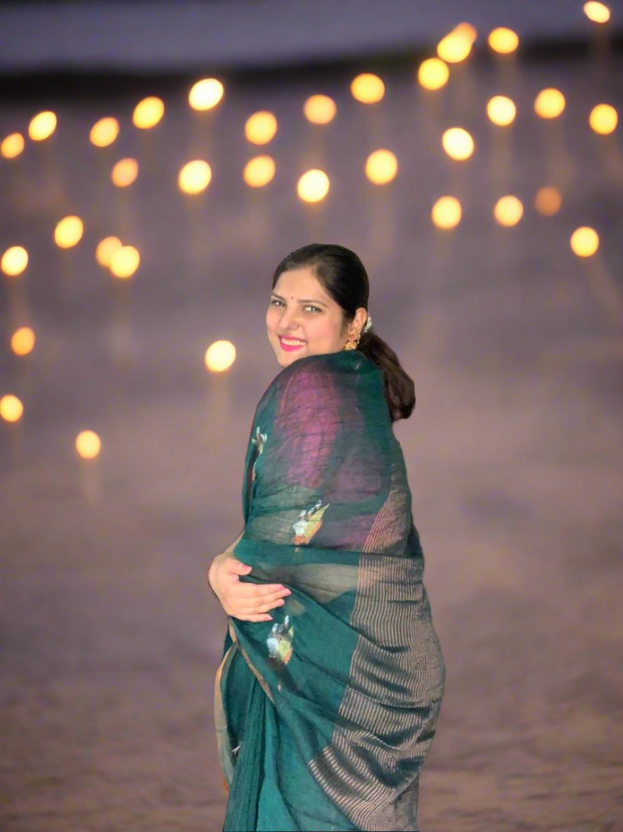 TULIP LINEN SAREE-BOTTLE GREEN