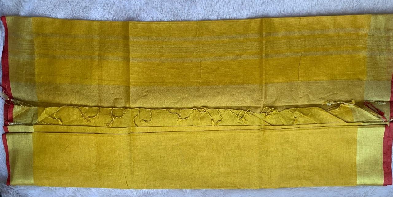 AMARA PURE LINEN SAREE-YELLOW WITH RED BLOUSE