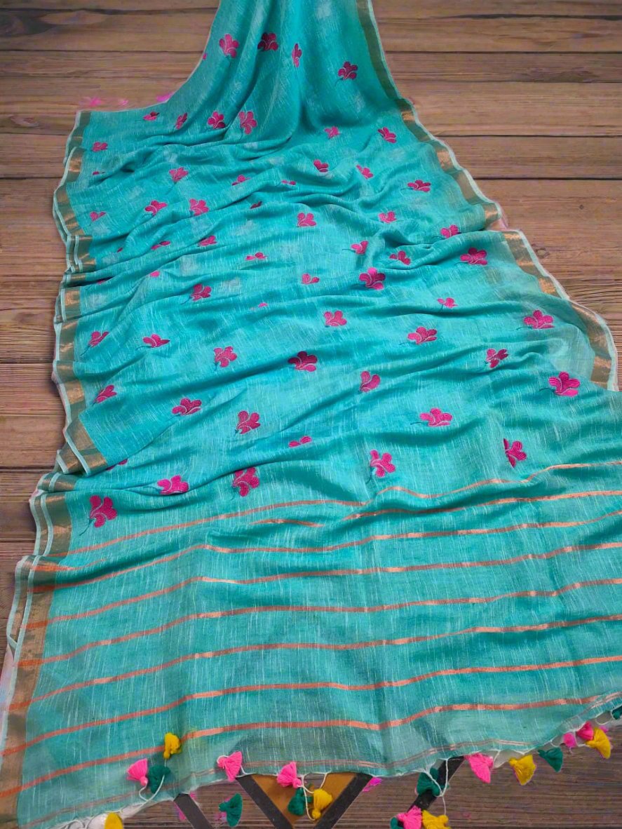 RAGINI SKY BLUE PURE LINEN SAREE