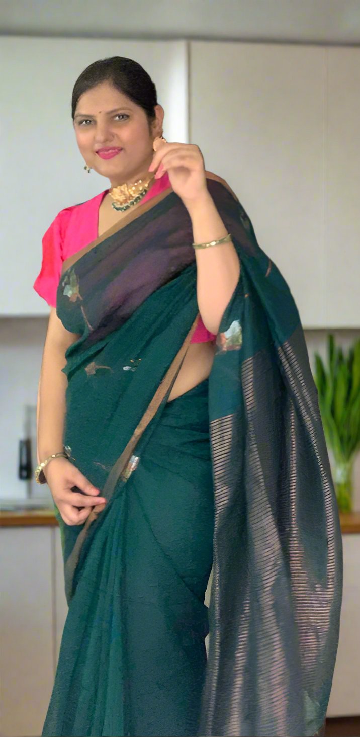 TULIP LINEN SAREE-BOTTLE GREEN