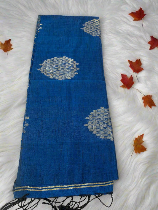 BOUQUET LOVE-PEACOCK BLUE LINEN SAREE